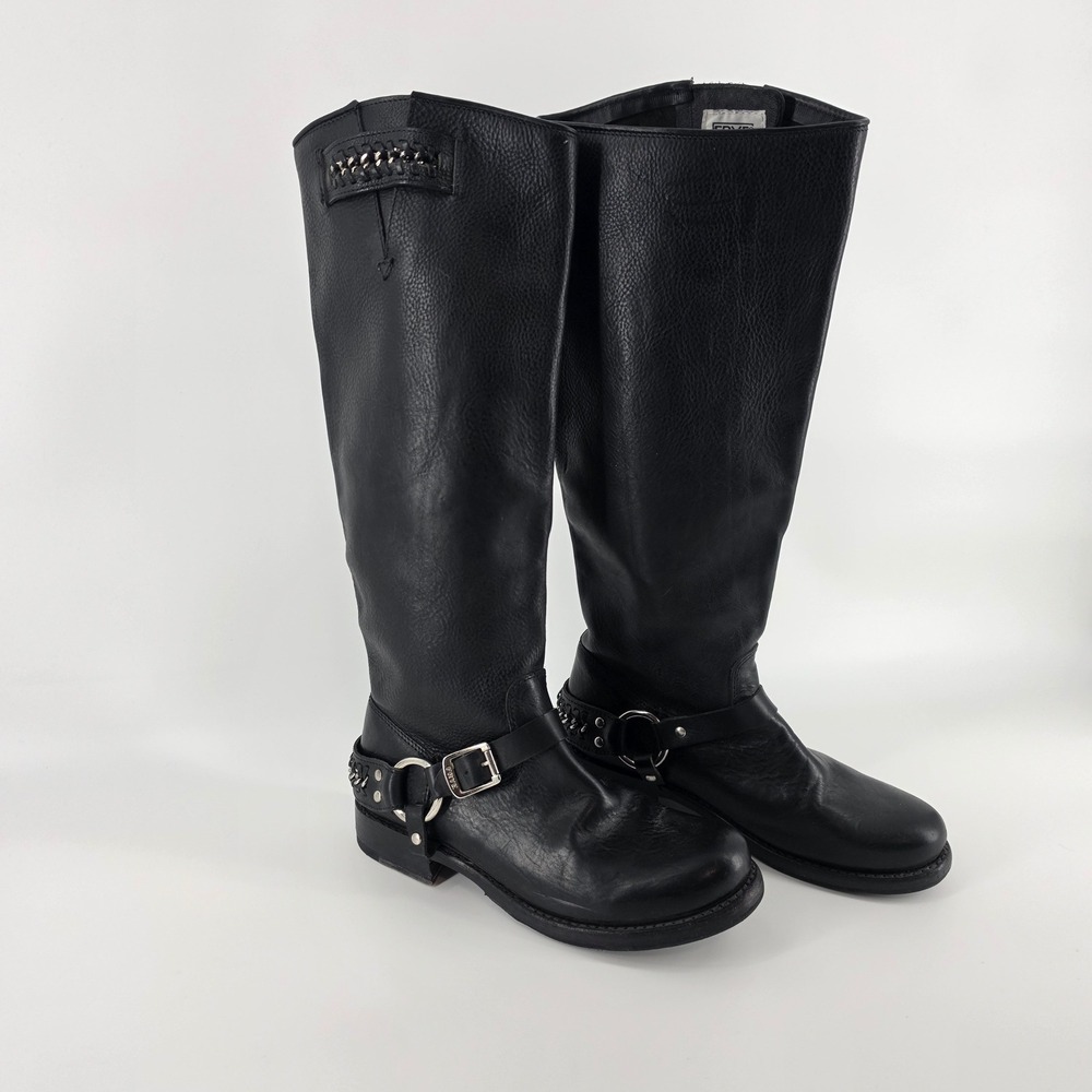 Frye Jenna Chain Tall Boots 7.5B Black Leather Studded Moto Biker Harness Alt